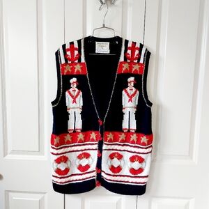 Navy Sailor Sweater Vest Cracker Jack Marisa Christina Medium Vintage HandKnit